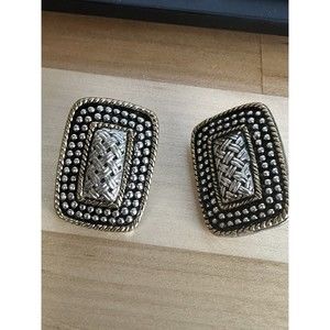 New Artisan Earrings Heavy Marcasite Silver & Brass 2 Tone Posts Rectangle 1"